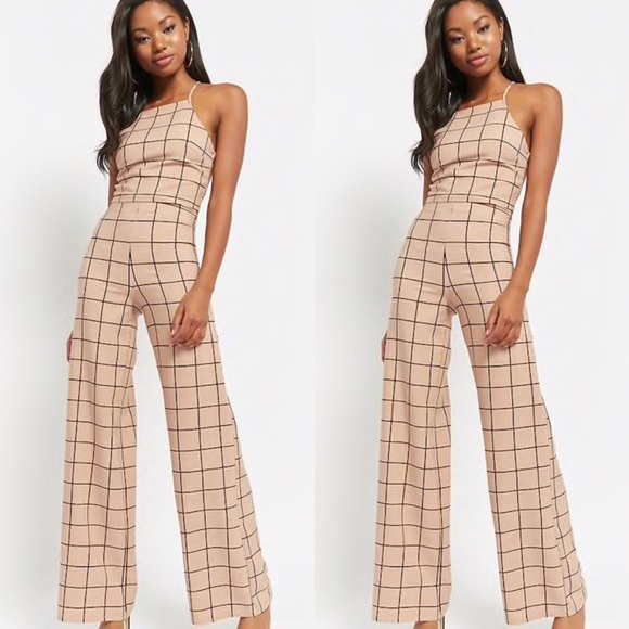 Pants - Grid Print Crop Top high waist wide leg pant M